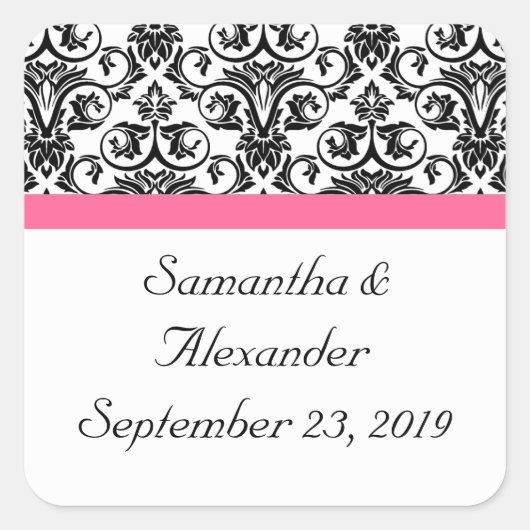 Viktorianischer Fuchsienrosa und weißer Damast Quadratischer Aufkleber (Vorderseite)