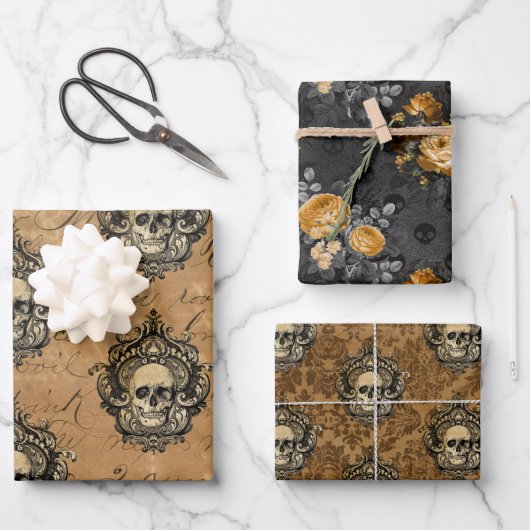 Viktorianischer Gothic Glam Skull and Damask Geschenkpapier Set (Vorderseite)