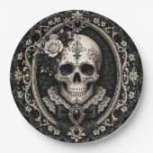 Viktorianischer Gothic-Totenkopf Schwarz Elfenbein Pappteller (Vorderseite)
