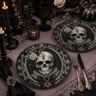 Viktorianischer Gothic-Totenkopf Schwarz Elfenbein Pappteller