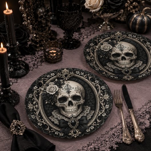 Viktorianischer Gothic-Totenkopf Schwarz Elfenbein Pappteller