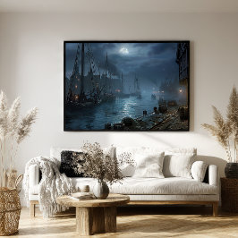 Viktorianischer Hafen bei Nacht: Fischerdorf Poster