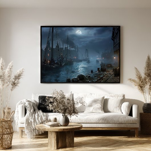 Viktorianischer Hafen bei Nacht: Fischerdorf Poster