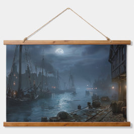 Viktorianischer Hafen bei Nacht: Fischerdorf Wandteppich Mit Holzrahmen