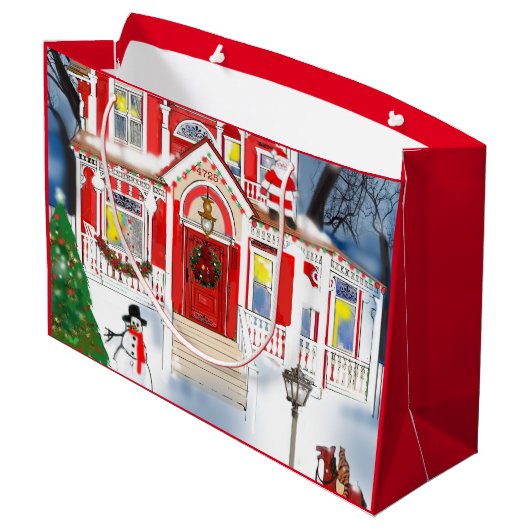 Viktorianischer Hausschnee in altmodischer Weihnac Große Geschenktüte (Rückseite Schrägansicht)