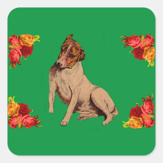 Viktorianischer Hund und Blume Quadratischer Aufkleber (Vorderseite)