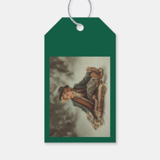 Viktorianischer Junge auf einem Schlitten Geschenkanhänger (Vorderseite)