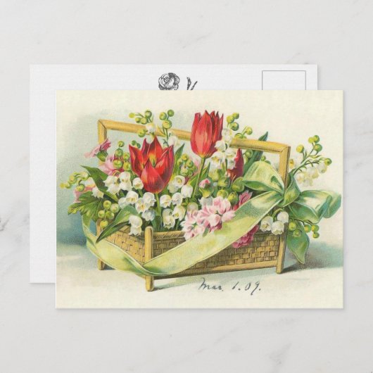 Viktorianischer Korbgeflecht Rote Tulpen & Lily im Postkarte (Vorne/Hinten)