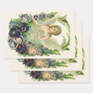 Viktorianischer Osterangel mit Lila Pansy-Blume Geschenkpapier Set