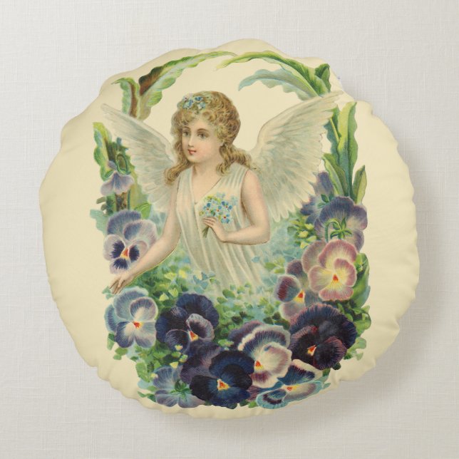 Viktorianischer Osterangel mit Lila Pansy-Blume Rundes Kissen (Rückseite)
