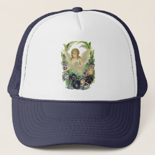 Viktorianischer Osterangel mit Lila Pansy-Blume Truckerkappe