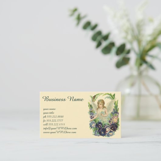 Viktorianischer Osterangel mit Lila Pansy-Blume Visitenkarte (Stehend Vorderseite)