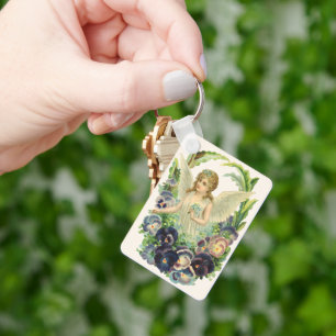 Viktorianischer Osterengel mit violetten Stiefmütt Schlüsselanhänger