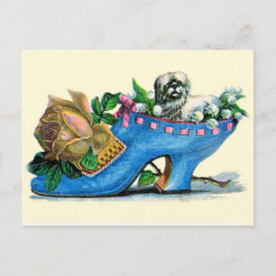 Viktorianischer Pantoffel mit Welpe und Rose Postkarte