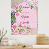 Viktorianischer Pfau und rosa Rosen rosa Hintergru Poster (Küche)