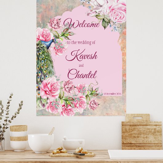 Viktorianischer Pfau und rosa Rosen rosa Hintergru Poster (Küche)