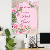 Viktorianischer Pfau und rosa Rosen rosa Hintergru Poster (Heimbüro)