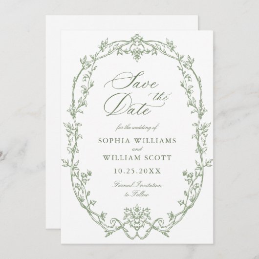 Viktorianischer QR-Code für Verzierte Blumenpracht Save The Date (Vorne/Hinten)