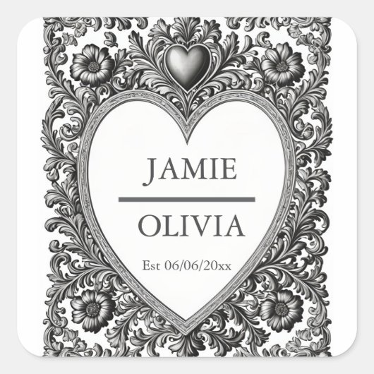 Viktorianischer Scroll Frame - Hochzeit Quadratischer Aufkleber (Vorderseite)