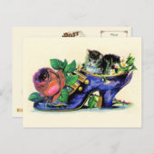Viktorianischer Slipper mit Kitten und Rose Postkarte (Vorne/Hinten)