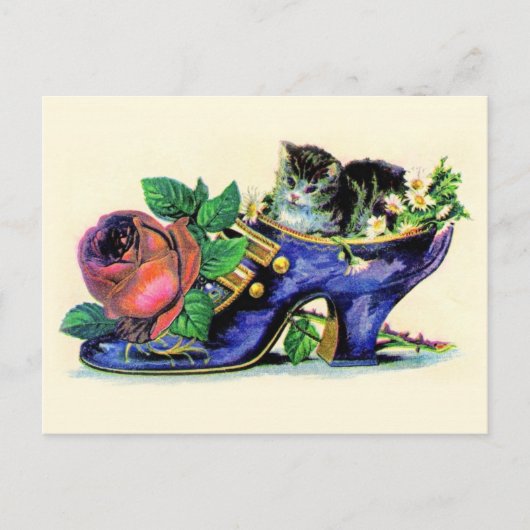 Viktorianischer Slipper mit Kitten und Rose Postkarte (Vorderseite)