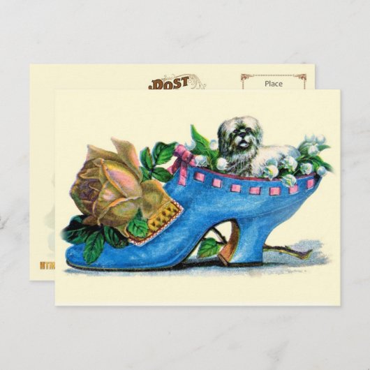 Viktorianischer Slipper mit Welpe und Rose Postkarte (Vorne/Hinten)