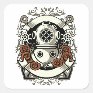 Viktorianischer Steampunk Tiefsee-Taucher rote Ros Quadratischer Aufkleber