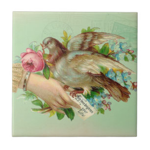 Viktorianischer Valentinsgruß Vogel und Rose Fliese