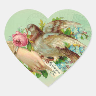 Viktorianischer Valentinsgruß Vogel und Rose Herz-Aufkleber