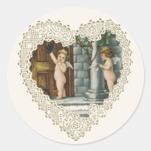 Viktorianischer Valentinstag, Vintage-Engel mit Br Runder Aufkleber