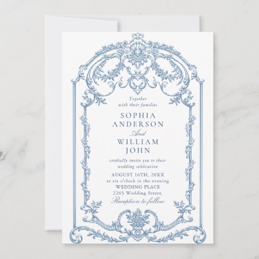 Viktorianischer Verzierter Blumendusty Blue QR Cod Einladung (Vorderseite)