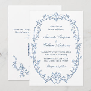 Viktorianischer Verzierter Blumendusty Blue QR Cod Einladung