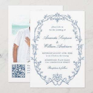 Viktorianischer Verzierter Blumendusty Blue QR Cod Einladung