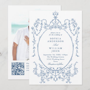 Viktorianischer Verzierter Blumendusty Blue QR Cod Einladung