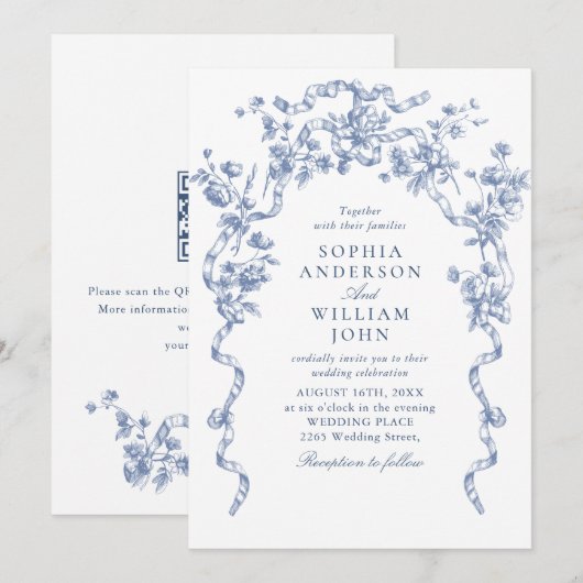 Viktorianischer Verzierter Blumendusty Blue Weddin Einladung (Vorne/Hinten)