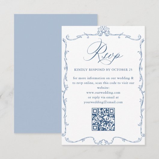 Viktorianischer Verzierter Blumendusty Blue Weddin RSVP Karte (Vorne/Hinten)
