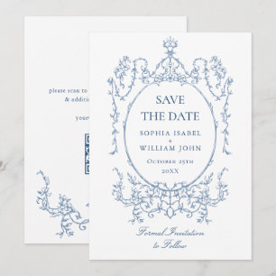 Viktorianischer Verzierter Blumendusty Blue Weddin Save The Date