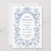 Viktorianischer Verzierter Blumendusty Blue Weddin Save The Date (Vorderseite)