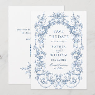 Viktorianischer Verzierter Blumendusty Blue Weddin Save The Date