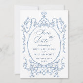 Viktorianischer Verzierter Blumendusty Blue Weddin Save The Date (Vorderseite)