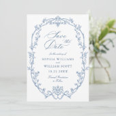 Viktorianischer Verzierter Blumendusty Blue Weddin Save The Date (Stehend Vorderseite)