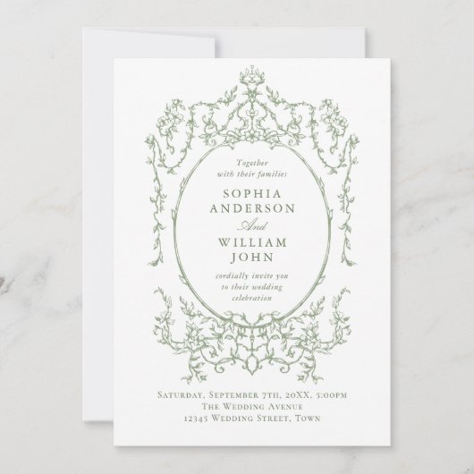 Viktorianischer Verzierter Blumenkohl-Grüne QR-Cod Einladung (Vorderseite)