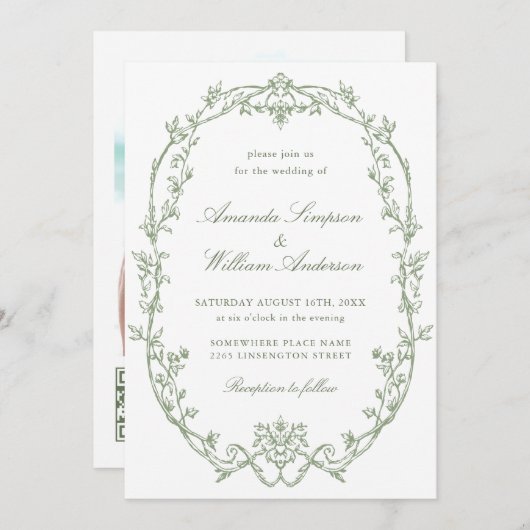 Viktorianischer Verzierter Blumenkohl-Grüne QR-Cod Einladung (Vorne/Hinten)