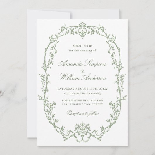 Viktorianischer Verzierter Blumenkohl-Grüne QR-Cod Einladung (Vorderseite)