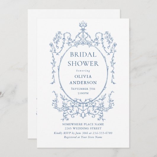 Viktorianischer Verzierter Dusty Blue Brautparty Q Einladung (Vorne/Hinten)