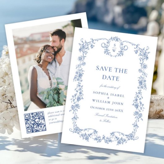 Viktorianischer Verzierter Grace Blue Floral QR Co Save The Date