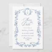 Viktorianischer Verzierter Grace Blue Floral QR Co Save The Date (Vorderseite)
