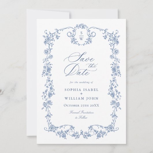 Viktorianischer Verzierter Grace Blue Floral QR Co Save The Date (Vorderseite)