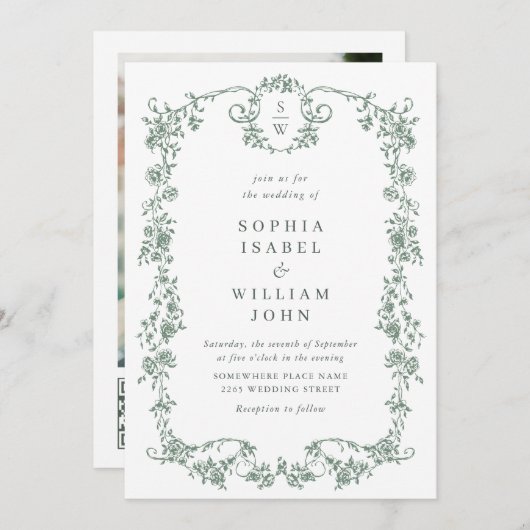 Viktorianischer Verzierter Grace Green Foto QR-Cod Einladung (Vorne/Hinten)
