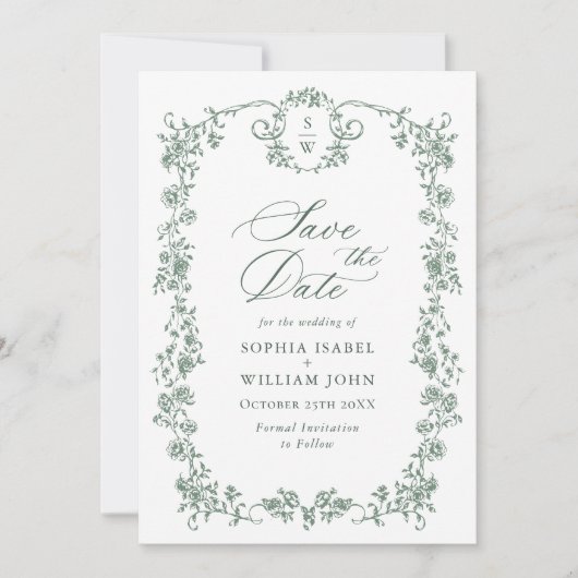 Viktorianischer Verzierter Grace QR-Code Hochzeits Save The Date (Vorderseite)